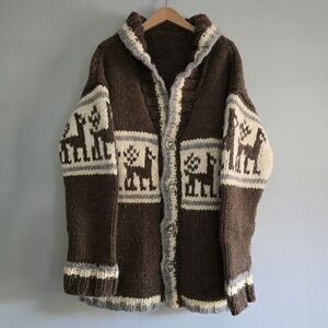 Handmade Cowichan Inspired Wool Shawl Collar Knit Cardigan, XL